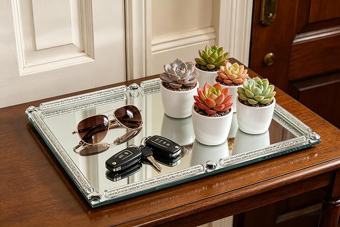 Large Mirror Perfume Tray for Dresser,Crushed Diamond Filled Glass Vanity Tray,Decorative Bathroom Tray,Crystal Tray for Home Decorative,Party,Hotel Banquet,15.7x11.8x1.4inch,Silver