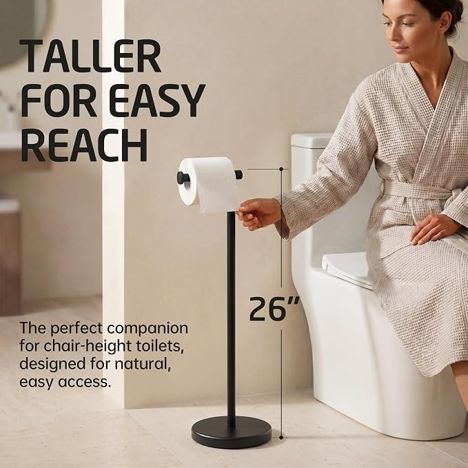 KES 26" H Black Toilet Paper Holder Stand with Weighted Base | 304 Stainless Steel Rustproof, Cement-Filled Base For Extra Stability, Fits Mega Rolls, Tool-Free Assembly, Hardware Included