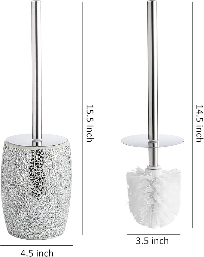 WHOLE HOUSEWARES Modern Toilet Brush Set (Silver) - Glass Mosaic Bathroom Accessory with Sturdy Bristles and Holder