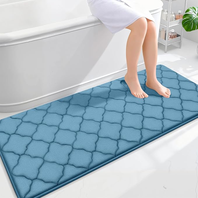 OLANLY Memory Foam Bath Mat Rug 59x24, Ultra Soft Bathroom Rugs, Blue | Thick Absorbent Carpet, Non-Slip Backing, Machine Washable, for Bathroom Floor, Tub, Shower and Home Decor Accessories
