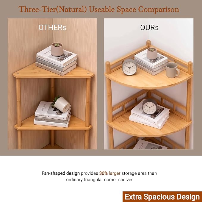 4-Tier Expandable Bamboo Corner Shelf Stand,Corner Bookshelf, Display Storage Shelves with Open Shelves, for Organization and Storage, Living Room, Home Office, Garage (Natural, 4-Tier WithRail)