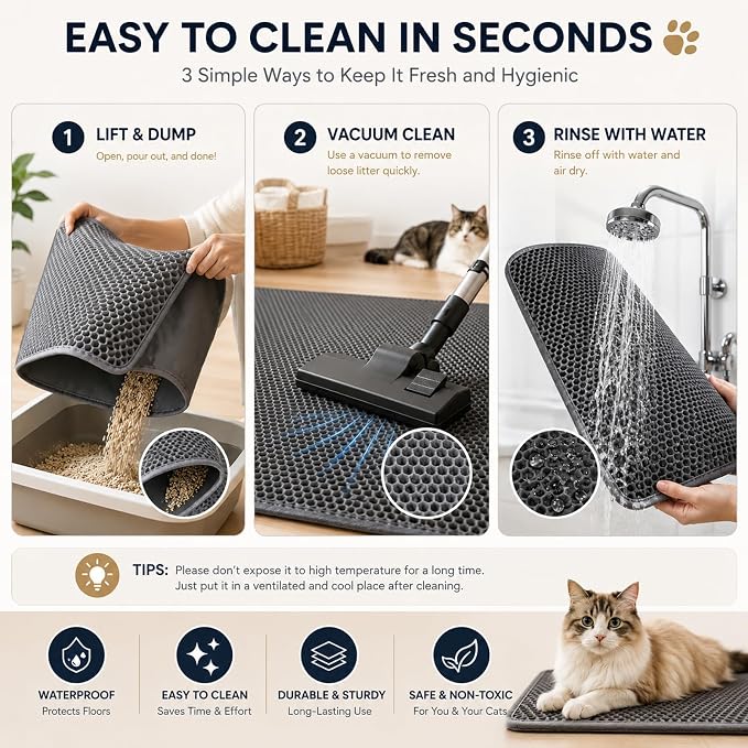 Cat Litter Box Mat,Double-Layer Honeycomb Litter Trap 30"x22" Gray | Catches Scattered Particles to Stop Tracking,Waterproof Design Urineproof Base Protects Floors, Easy to Clean, Indoor Cats