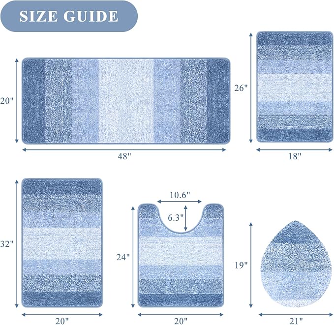 Bsmathom Bathroom Rug Set 5 Piece, Plush Microfiber Bath Mat, Light Blue | Extra Water Absorbent, Non Slip Washable Runner Bath Rugs with Toilet Lid Cover and U-shaped Contour Toilet Mat