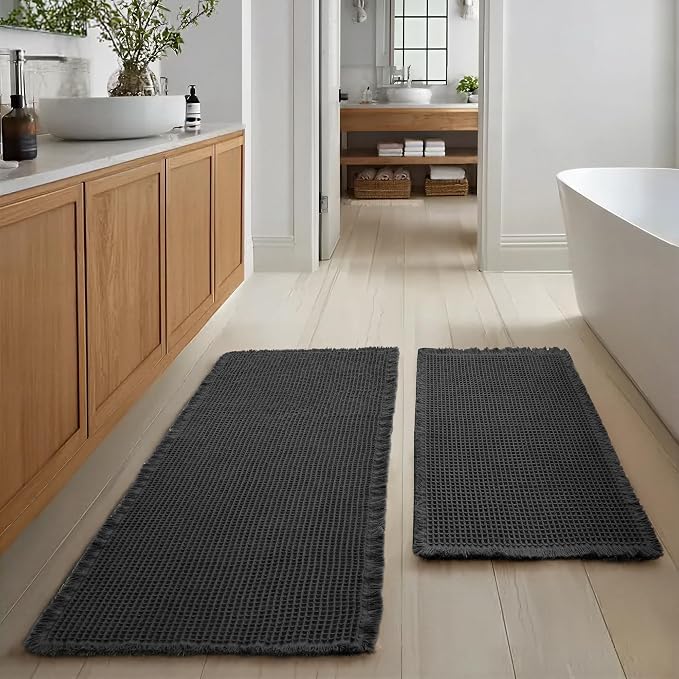 JIUZHEN Set of 2 Waffle Bath Mats Boho Bathroom Runner Rug 20"x32"+24"x48" | Black, Non Slip, Super Absorbent, Washable, Ultra Soft, Fast Drying Bath Rug and Bathroom Runner for Kitchen Hallway Laundry