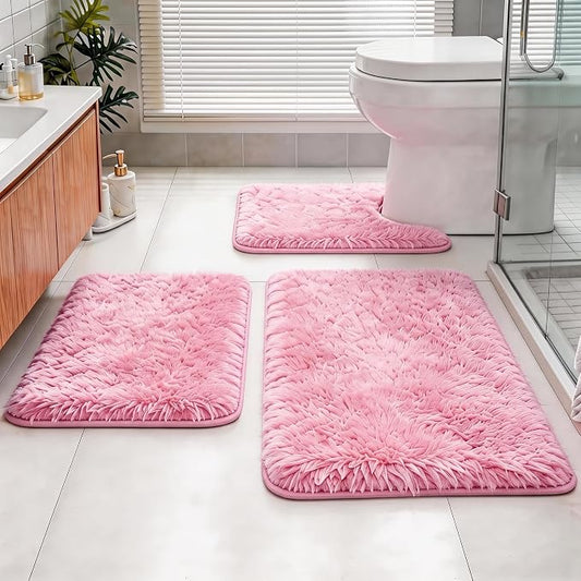Shaggy Bathroom Rugs Set Plush Velvet Bath Rugs Non-Slip Bath Mat Set 3 Piece,Washable Mats,Absorbent Shaggy Rugs Super Soft U-Shaped Toilet Rug,Bahroom Carpets for Bathroom,Tub,Shower(Light Pink