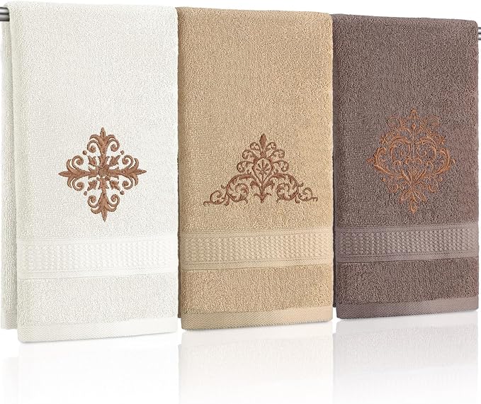 3 Pcs Vintage Brown Hand Towels Fancy Bathroom Decor | Embroidered Scroll Flower Design, 100% Cotton, Brown Bathroom Kitchen Decor, Absorbent Towels, Holiday Housewarming Gifts