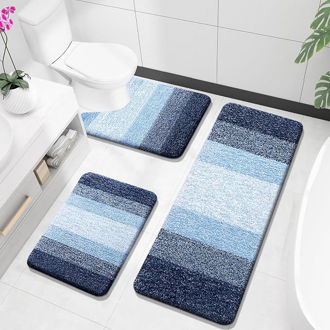 OLANLY Microfiber Bathroom Rugs Sets 3 Piece, 47"x20"+24"x16"+24"x20" | Navy, Soft Absorbent Bath Mats and U-Shaped Contour Toilet Rug, Plush Shaggy Bath Mat Set for Bathroom