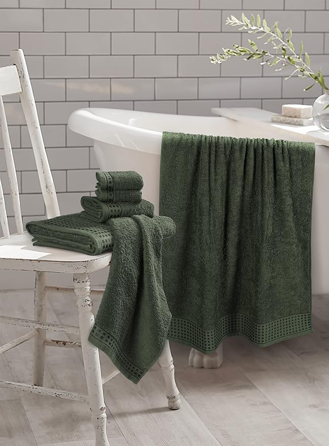 GLAMBURG 100% Cotton Ultra Soft 6 Pack Towel Set, Contains 2 Bath Towels 28x55 Inches, 2 Hand Towels 16x24 Inches & 2 Wash Coths 12x12 Inches, Compact Absorbent Lightweight & Quickdry - Olive Green