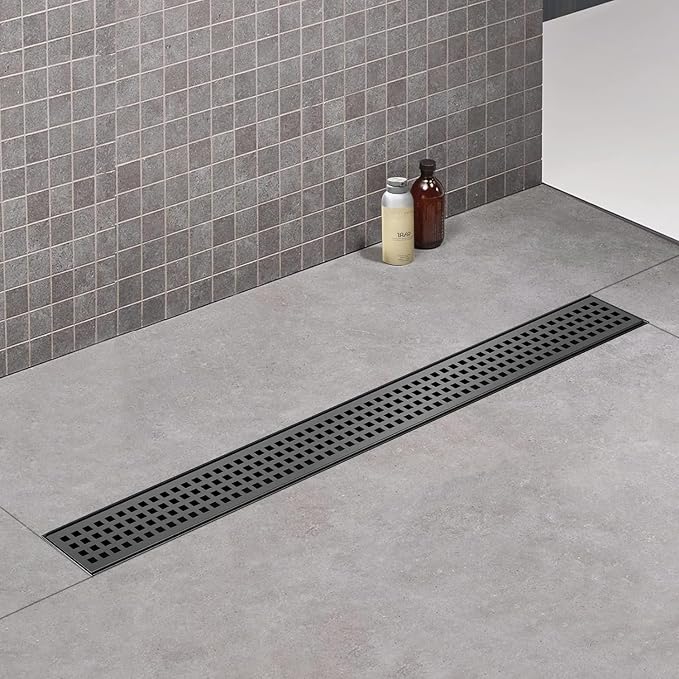 Linear Shower Drain, 40 inch Black Drain with Removable Grate Cover, Brushed 304 Stainless Steel Shower Floor Drain, Linear Drain with Hair Strainer and Adjustable Feet