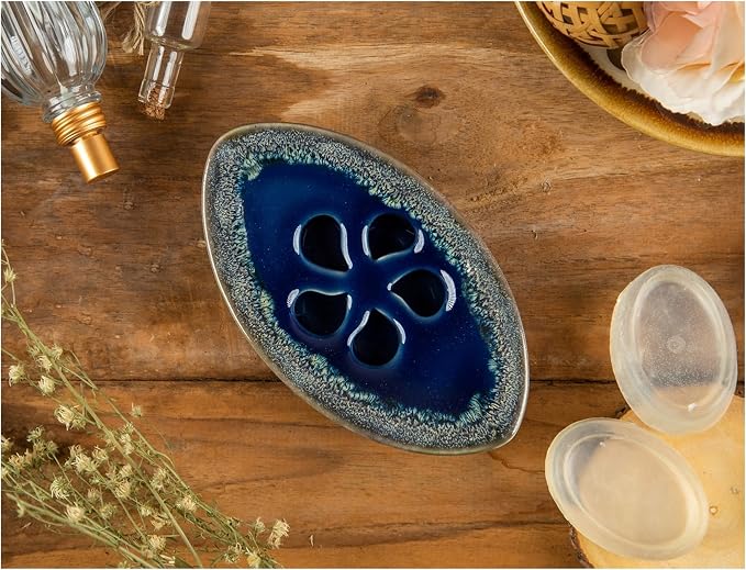 LungMongKol Shop Ceramic Soap Dish with Self Draining Tray for Bar Soap, Bathroom, Kitchen (Blue)