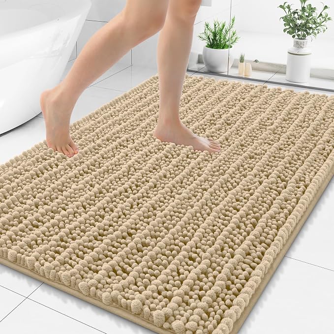 Smiry Bathroom Rugs 48X32, Extra Soft Rubber Backing Chenille Bath Mats | Beige Machine Washable Non Slip Quick Dry Bath Mats for Bathroom Floor, Tub, Shower, Home Decor Accessories