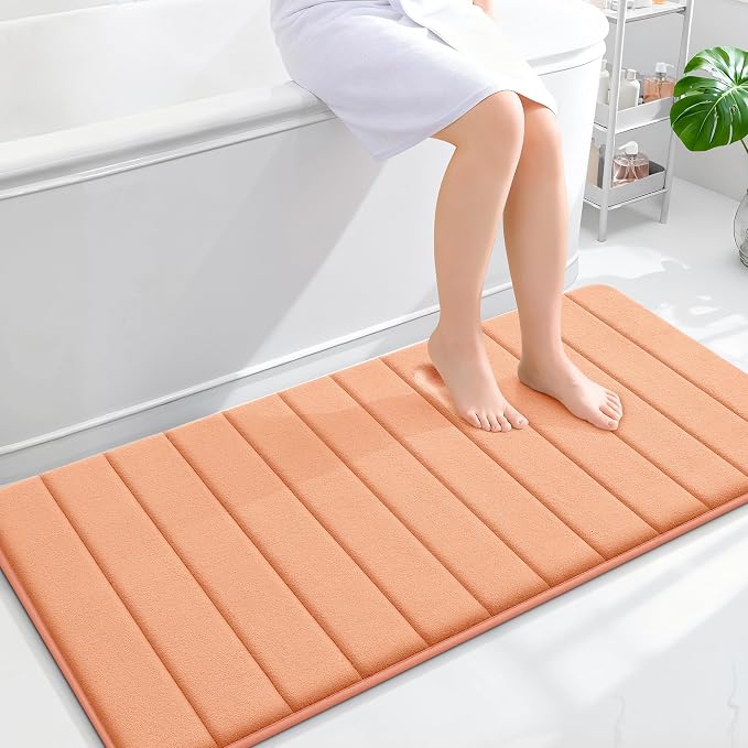OLANLY Memory Foam Long Bathroom Rugs Runner 47x24, Super Soft Absorbent | Peach, Quick Dry Bath Mat, Machine Washable Shower Floor Rugs, Bathmat Carpet for Bathroom Floor, Tub and Shower