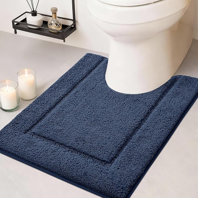 IM HOME Toilet Rugs, Ultra Soft Thick Plush Fluffy Microfiber Absorbent Contour Bathroom Rugs for Toilet, Non-Slip Backing, Machine Washable Bath Mats for Bathroom, Tub, Navy Blue/U-Shaped 24"x20"