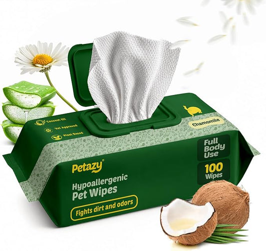 Pet Wipes for Dogs & Cats - Paws, Ears & Butt Cleaning, 100 Count | Chamomile, Hypoallergenic for Sensitive Skin, XL, Extra Thick, Tear-Resistant, Deodorizing, Aloe & Coconut Oil, Travel Size
