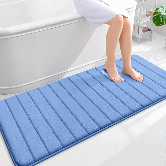 OLANLY Memory Foam Long Bathroom Rugs Runner 59x24, Super Soft Absorbent | Cornflower Blue, Quick Dry Bath Mat, Machine Washable Shower Floor Rugs, Bathmat Carpet for Bathroom Floor, Tub and Shower