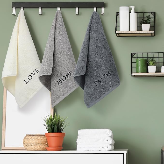 3 Pcs Hand Towels Bathroom Set,Gray,Faith Hope Love | Embroidered Cotton Farmhouse Towels, Kitchen Decor, Rustic Boho Decorative with Text Labels, Guest Bath Home