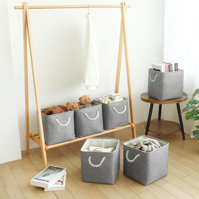 FinishingBo Large 11x11 Inch Cube Storage Bins with Cotton Handles for Closet, Shelves, Clothes, Towel (Gray-6 Pack)