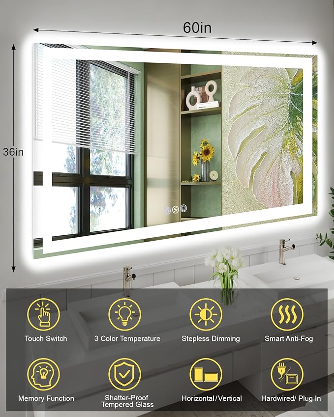 60x36 LED Bathroom Mirror, 6000LM, Separate Front and Back Lights | Shatter-Resistant Tempered Glass,Auto-Off Defogger,3 Color Modes,Smooth Dimming,Smart Memory Setting