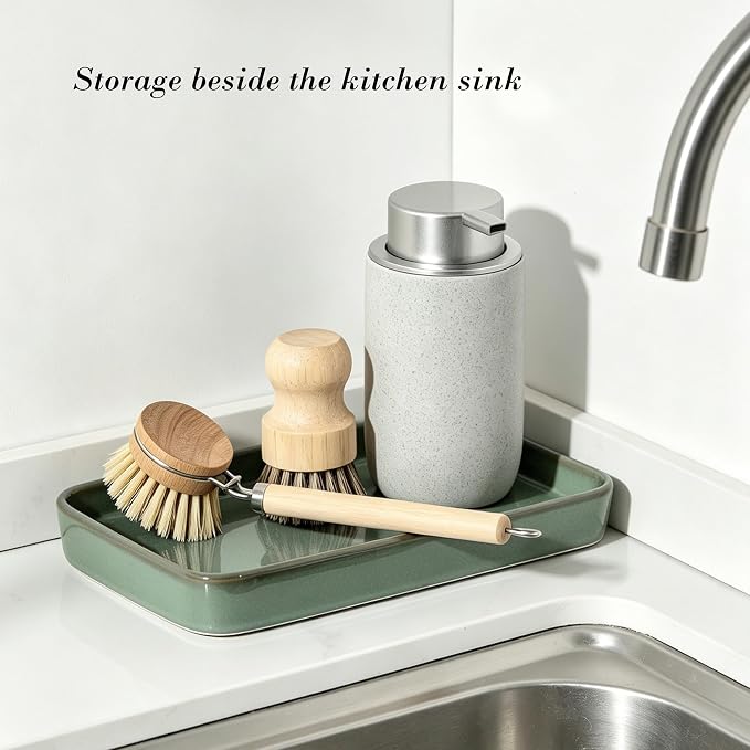 10"×6"×1" Bathroom Vanity Tray for Countertop- Ceramic Decorative Organizer Tray for Dresser Tops, Toilet, Perfume, Sponge Holder Soap Dish Dispenser for Kitchen Counter- Kiln-Transformed Green