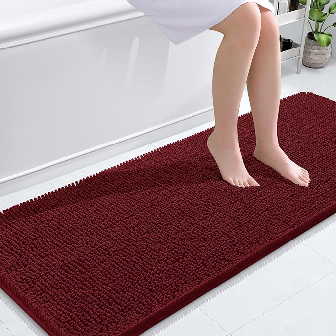 OLANLY Bathroom Runner Rugs 59x24, Extra Soft Absorbent Chenille Bath Rugs | Burgundy, Quick-Drying Rubber Backing, Washable Long Bath Mat for Bathroom Floor, Tub and Shower, Home Decor Accessories