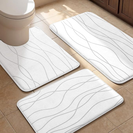 Bathroom Rugs Set 3 Piece, Memory Foam Bath Mat White | Ultra Soft, Absorbent, Non-Slip, Machine Washable, for Bathroom, Sink and Toilet