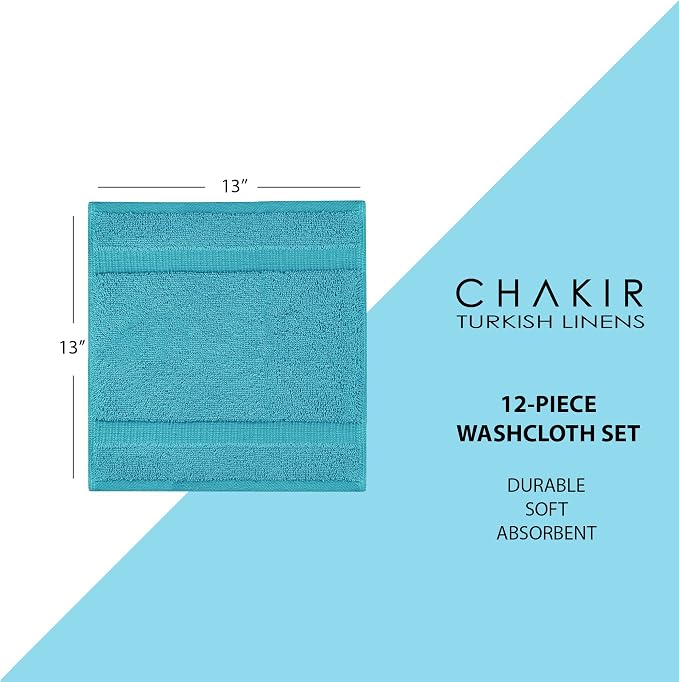 Chakir Turkish Linens 100% Cotton 12-Pack Washcloths 13x13, Aqua | 100% cotton washcloths, 12-pack 13x13, OEKO-TEX certified, soft absorbent face towels
