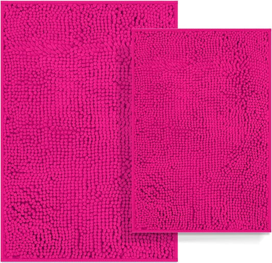 Bathroom Rugs Set 2 Piece Bathroom Sets Bath Rugs Non Slip Bath Mats for Bathrooms, Thick Soft Chenille Bath Rug Set, Bathtub Mat, Ultra Absorbent Baths Carpet, Shaggy Bathrooms Floor Mat, Hot Pink