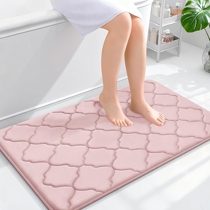 OLANLY Memory Foam Bath Mat Rug 36x24, Ultra Soft Bathroom Rugs, Pink | Thick Absorbent Carpet, Non-Slip Backing, Machine Washable, for Bathroom Floor, Tub, Shower and Home Decor Accessories