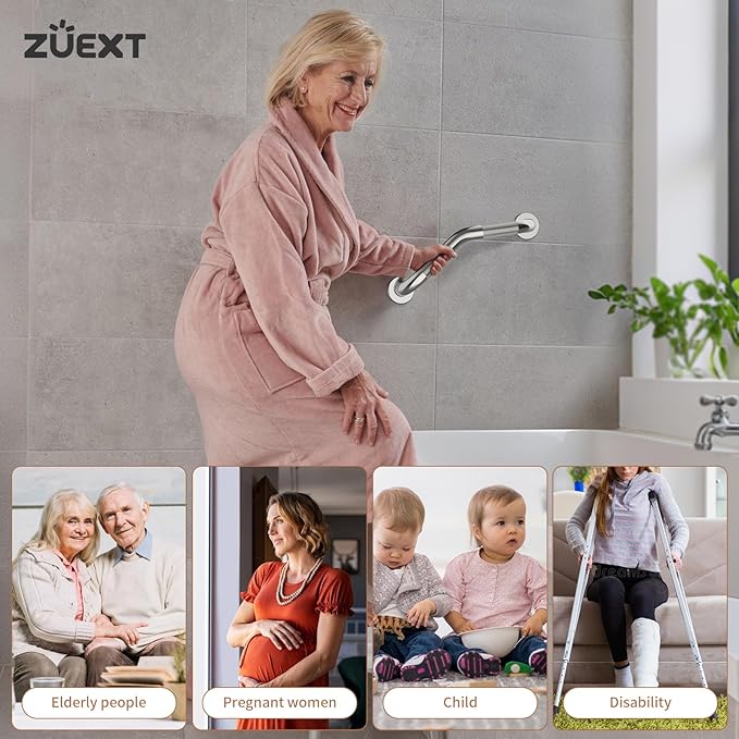 16 Inch Angled Grab Bar, ZUEXT Anti-Slip Shower Grab Bar Handles w/Knurled Texture Grip, Chrome Stainless Steel Bathroom Balance Bar, Safety Hand Rail Support for Handicap Elderly Injury Senior