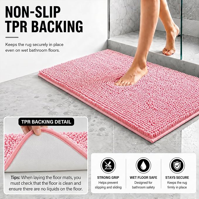 Bathroom Rugs Sets 2 Piece,Super Absorbent Soft,Thick,Machine Washable Chenille Bath Mat,Non Slip Toilet Floor Rug,Bath Mats for Bathroom,20x32 Plus 20x20 U Shape,Pink