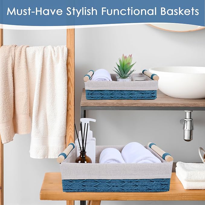 Wicker Storage Basket with Wooden Handle 2 Pack–Paper Rope Decorative Toilet Paper Baskets & Bathroom Organizer for Toilet Tank Top, Shelves, Bedroom, Countertop,Home,Office Storage Bins,Dusty Blue