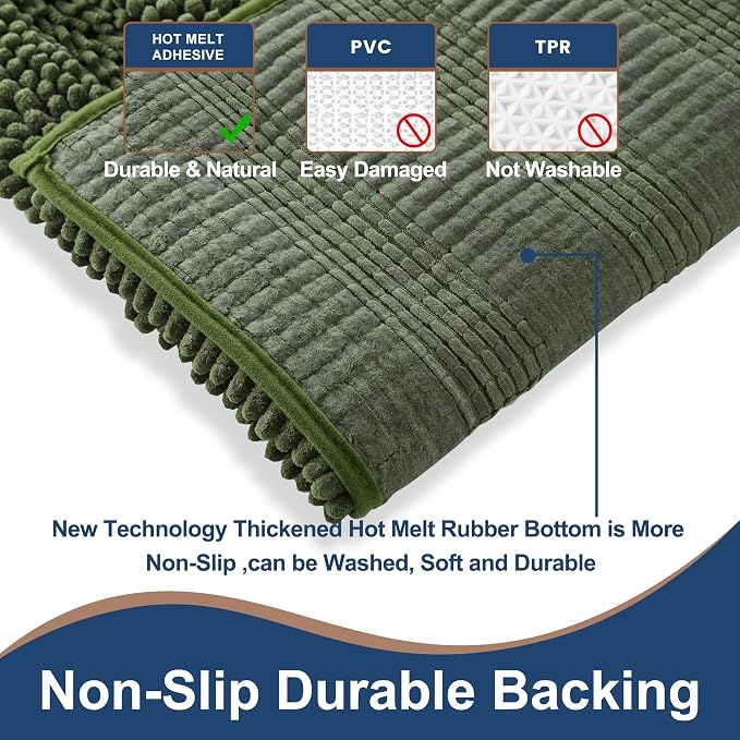 Non Slip Thick Shaggy Chenille Bathroom Rug Sets 2 Piece, Thickened Hot Melt Rubber Bottom Bath Mats for Bathroom, Bath Rugs Quick Dry Machine Washable for Shower (Loden, 32"x20" Plus 17"x24")