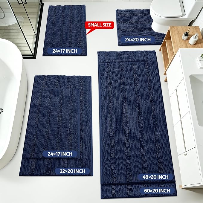 ACCUMTEK Striped Navy Blue Bathroom Rug Mat Set 2 piece 24"x17"+48"x20" Ultra Soft, Non Slip Chenille Bath Rugs, Absorbent Plush Shaggy Bath Mats for Bathroom, Bedroom, Kitchen, Shower, Tub