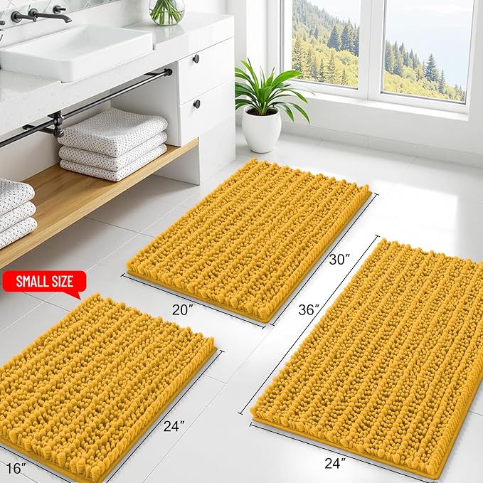 Smiry Bathroom Rugs 44X24, Extra Soft Rubber Backing Chenille Bath Mats | Golden Yellow Machine Washable Non Slip Quick Dry Bath Mats for Bathroom Floor, Tub, Shower, Home Decor Accessories