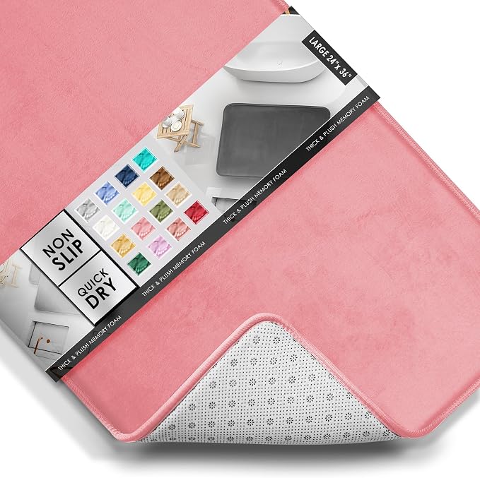 Clara Clark Bathroom Rugs, Velvet Memory Foam Bath Mat, Non-Slip Bath Rugs, Machine Wash, Dries Quickly, Ultra Soft Plush Bath Mats for Bathroom, 24 x 36, Coral Pink