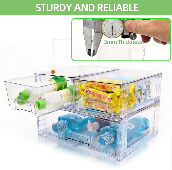 Stackable Storage Drawers(3 Pack),High-strength Clear Plastic Multi-purpose Organizer Bins with Handles, Easily Assemble Acrylic Drawers for Bathroom Closet Cabinet Pantry Under Sink