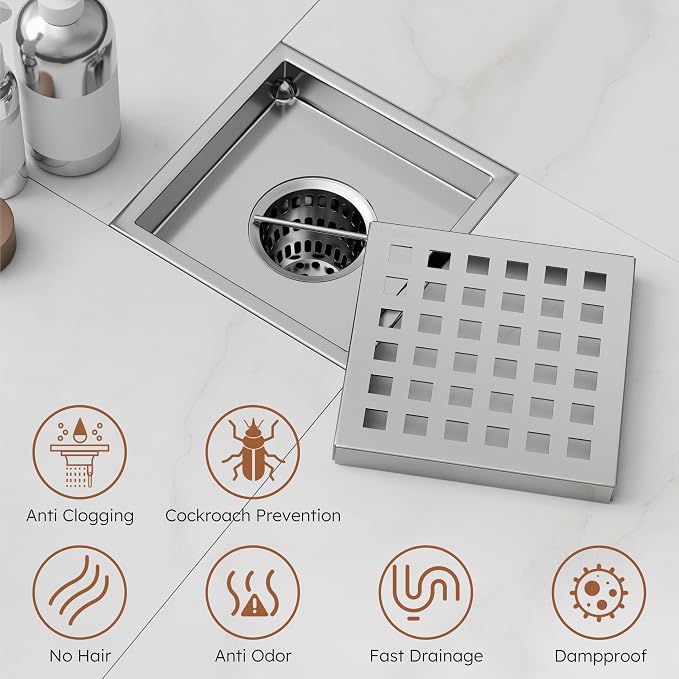 4 Inch Brushed Nickel Square Shower Drain Kit with Flange,Modern Floor Drain with Removable Quadrato Pattern Grate,Stainless Steel SUS 304