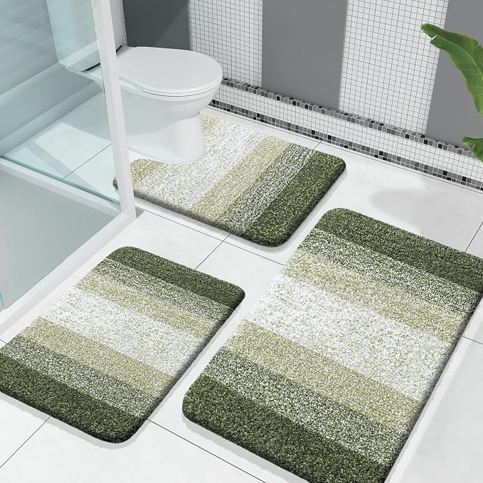 OLANLY Microfiber Bathroom Rugs Sets 3 Piece, 30"x20"+24"x16"+24"x20" | Dark Green, Soft Absorbent Bath Mat and U-Shaped Contour Toilet Rug, Machine Wash Dry, Plush Shaggy Bath Mat Set for Bathroom