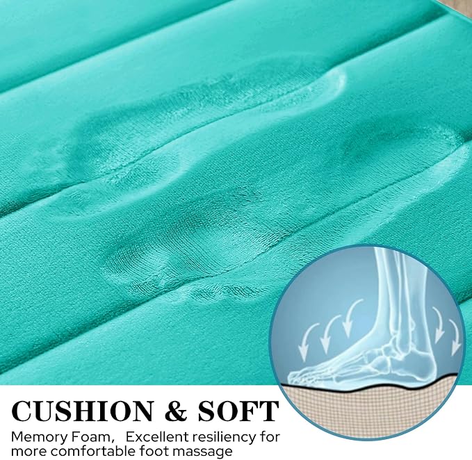 BYSURE Light Teal Memory Foam Bathroom Rug Set 3 Piece | Non Slip Extra Soft Absorbent Machine Washable Toilet Bath Toilet Mat 17"x24"+20"x32"+U Shape 20"x24"