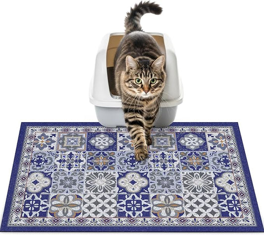 24"x15" Cat Litter Mat Waterproof Non-Slip Litter Trapping Pad | Soft Mesh Litter Box Mat With A Decorative Pattern Captures Scatter Effectively To Keep Floors Clean And Tidy