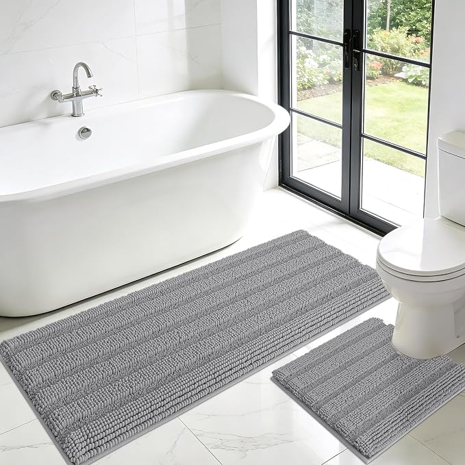 ACCUMTEK Striped Light Grey Toilet Bathroom Rug Mat Set 2 piece Rug Ultra Soft, Non Slip Chenille Bath Rugs, Absorbent Plush Shaggy Bath Mats for Bathroom, Bedroom, Kitchen, Shower, Tub