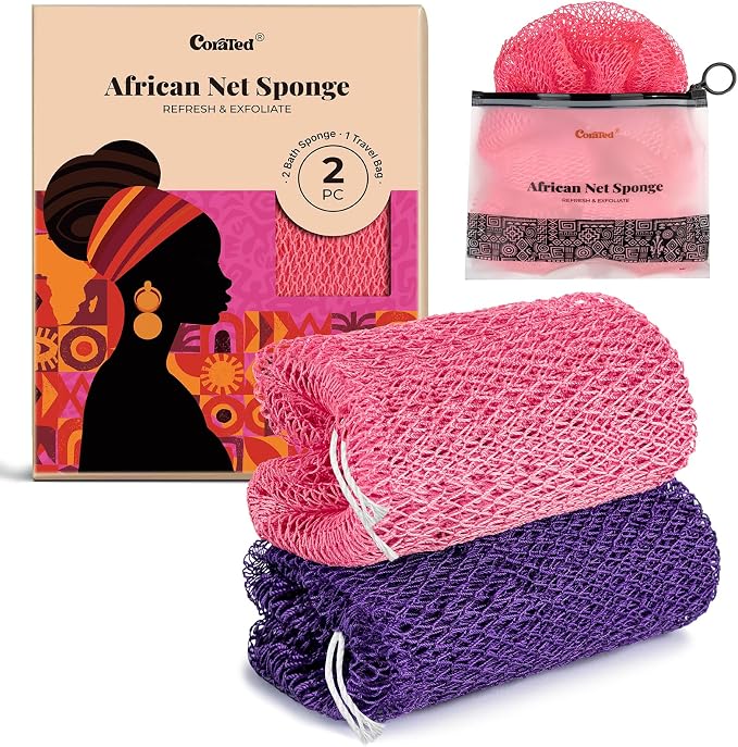 CORATED African Net Sponge Authentic, Shower Loofah Exfoliating Bath Sponge | Body Scrubber for Women and Men Daily Use Body Care, Travel Portable, Durable Bath Accessories Gifts for Women