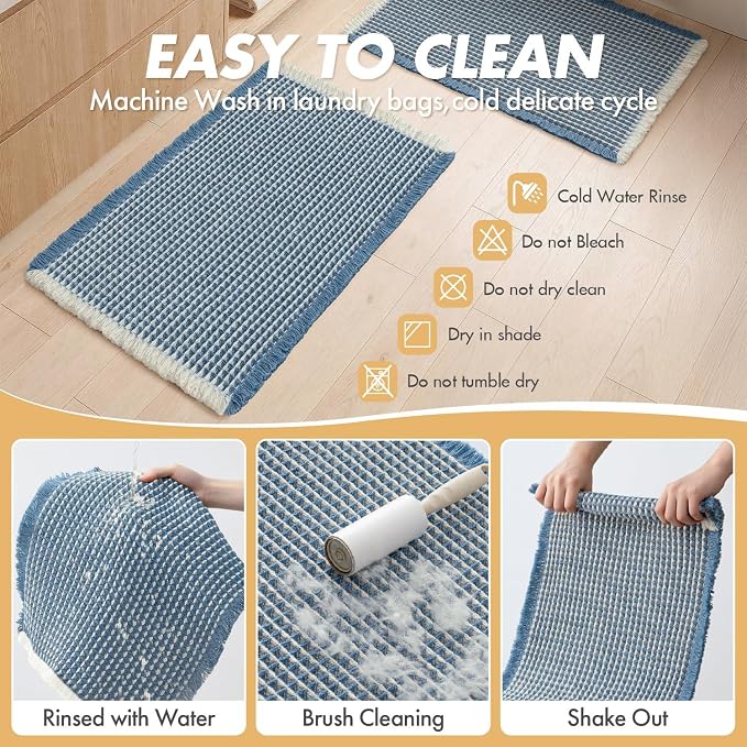 MIULEE Set of 2 Waffle Bathroom Rugs Boho Bath Mat Blue&Cream 17x24 Inch | Non Slip, Super Absorbent, Washable, Ultra Soft, Rubber Backed, Small Bath Rugs for Bathroom Floor Tub Shower