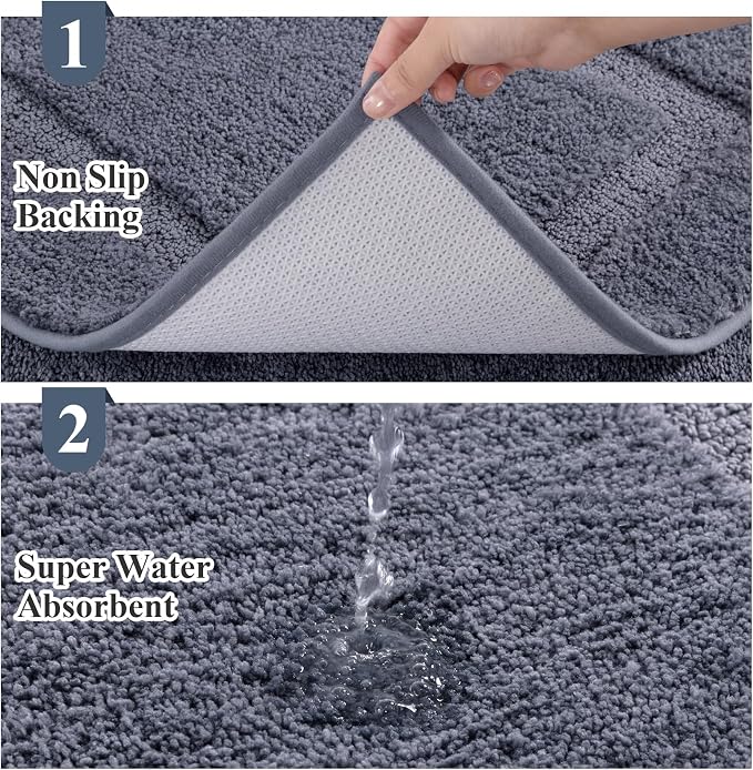 SHACOS Soft Microfiber Bathroom Rugs Set of 2 Pieces, Dark Grey | 32x20 + 24x16, Absorbent Plush Bath Rugs, Non Slip Washable Shaggy Bath Mats, Fluffy Bathroom Runner Floor Mats Shower Rug