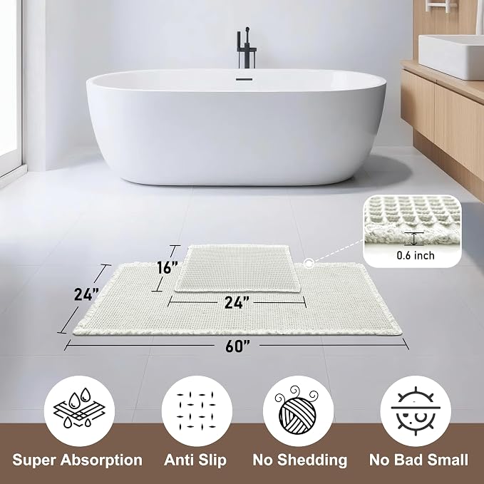 JIUZHEN Set of 2 Waffle Bathroom Rugs Non Slip Bath Mats, 16"x24"+24"x60" | Cream, Boho, Super Absorbent, Washable, Ultra Soft, Fast Drying Bath Rug and Bathroom Runner for Kitchen Hallway Laundry