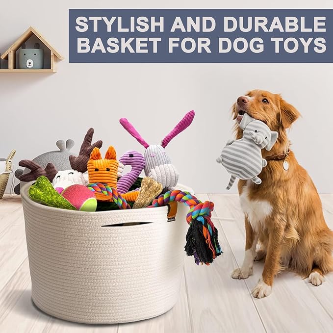 DENJA & CO Large Dog Toy Storage - White Woven Basket for Toys, Blankets, Pillows, or Laundry | Cotton Rope Basket (17.7" W x 11.4" T)