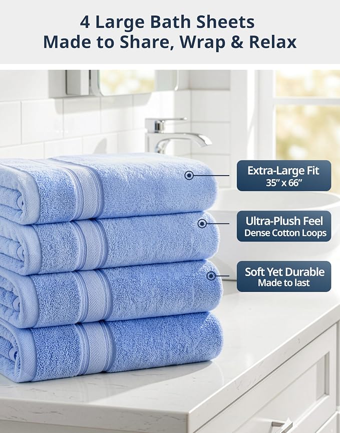 LANE LINEN Bath Sheets Large 100% Cotton 4 Pack Oversized Soft - Allure | Oversized Bath Towels - Coordinated Colors, Everyday Durability, OEKO-TEX Certified, Zero-Twist Durability, Generously Sized