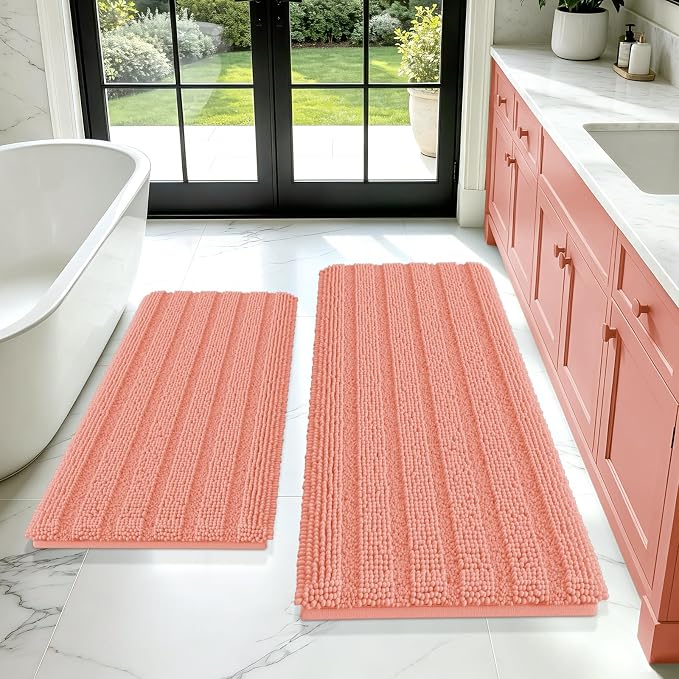 ACCUMTEK Striped Coral Bathroom Rug Mat Set 2 piece 24"x17"+48"x20" Ultra Soft, Non Slip Chenille Bath Rugs, Absorbent Plush Shaggy Bath Mats for Bathroom, Bedroom, Kitchen, Shower, Tub