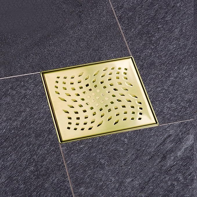 Gold Brushed Shower Drain with Flange, HIDROP SUS 304 Stainless Steel 6 inch Square Shower Floor Drain with Removable Hair Strainer