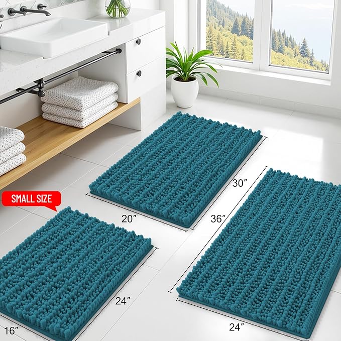 Smiry Bathroom Rugs 44X24, Extra Soft Rubber Backing Chenille Bath Mats | Lake Blue Machine Washable Non Slip Quick Dry Bath Mats for Bathroom Floor, Tub, Shower, Home Decor Accessories